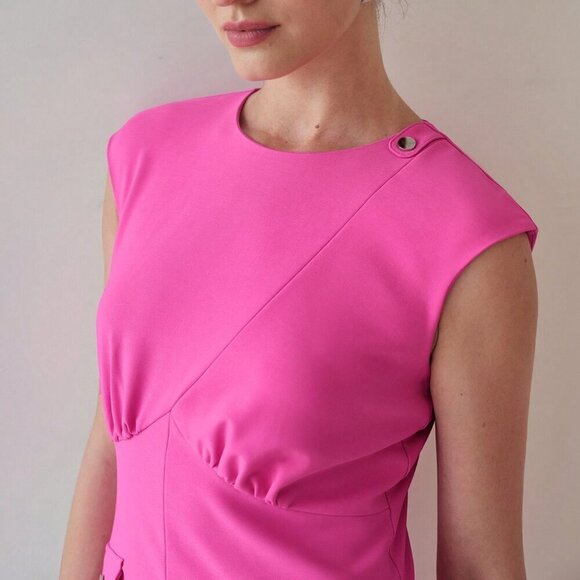 Hot Pink Elegant Women's Flap Detail Split Hem Cap Sleeve Dress - Picture 2 of 7